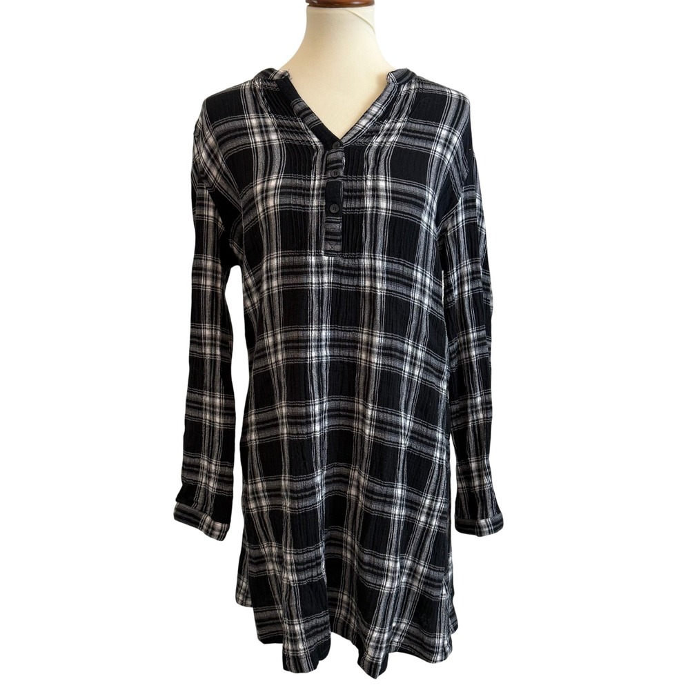 Garnet Hill Popover Plaid Tunic Shirt Dress Gauzy Organic Cotton‎ Womens 14